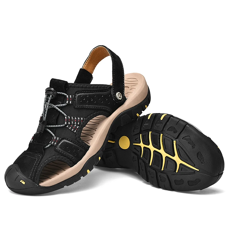 Vosonca Men Shoes Summer Hollow Baotou Flip Flop Sandals For Men's Genuine Leather Casual Breathable Soft Outdoor Sports Sandals