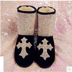 2014 осенне-зимней моды ручной работы крест бриллиант жемчуг кожа мех one piece женская обувь хлопка мягкой обуви снег сапоги