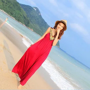 

Seaside Holiday Beach Sexy Long Dress Red rivet V-Neck Halter Collar Hollow Out Dress Women Wedding Party Vestidos