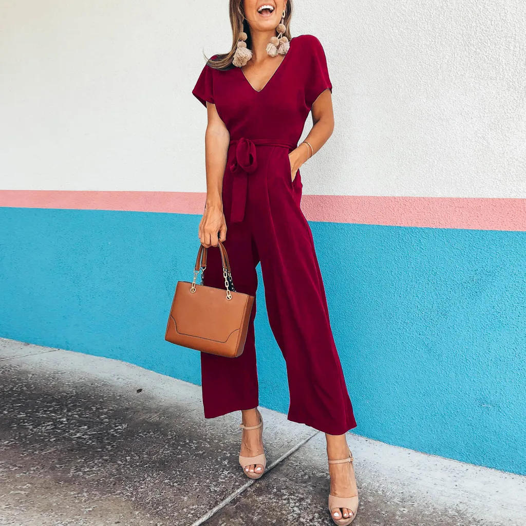 

Fashsiualy Women Casual Belt Solid Short Sleeve Ladies V-Neck Zipper Long Jumpsuits Bodysuit Whosale Dropshipping