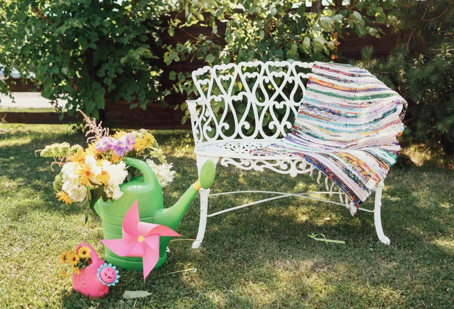 

Laeacco Outdoor Spring Flowers Shower Chair Scene Photo Backgrounds Customized Digital Photography Backdrops For Photo Studio