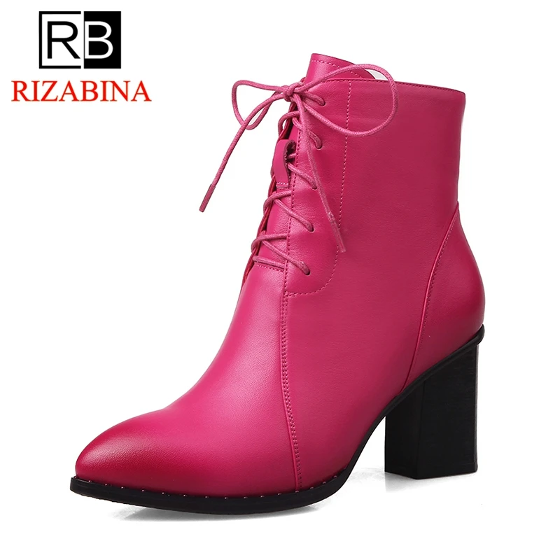 

RIZABINA Women Ankle Boots Cow Leather Red Color Goth Boots Pointed Toe Autumn Spring High Heel Motorcycle Boots Size 34-43