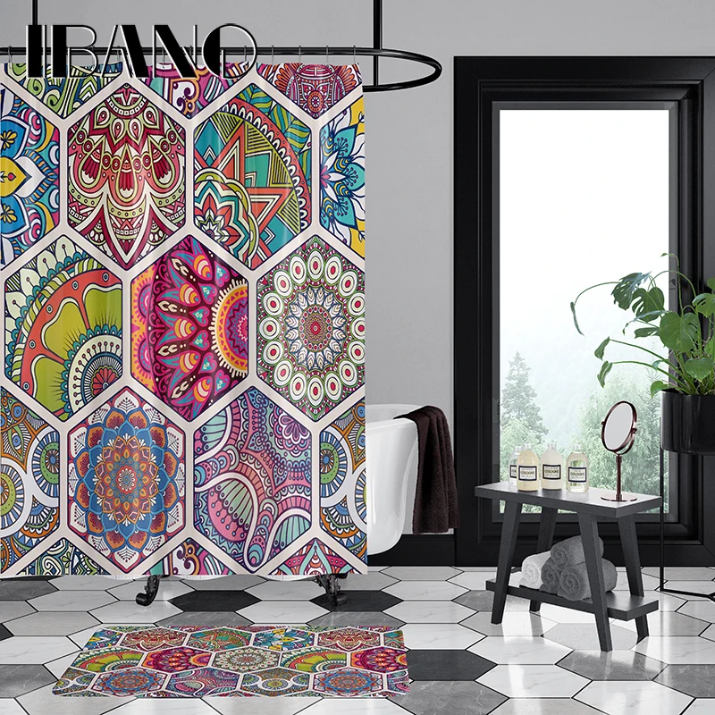 

IBANO Mandala Shower Curtain Waterproof Polyester Fabric 180x180cm Bath Curtain 40x60cm Mat For The Bathroom Curtain And Mat