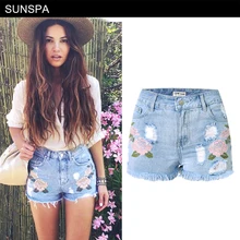 

SUNSPA Embroidery Denim Shorts Floral High Waist Jeans Short Femme Frayed Shorts For Women Summer shorts Fashion 2017