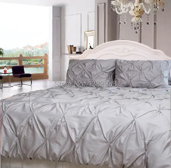 Gray White Pintuck Duvet Cover Set 3 Pc Cotton Sateen Bedding