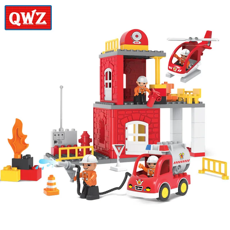 

QWZ 60pcs City Fire Station Fire Engine Duplo Large Size Building Blocks Fireman Figures Large Particle Compatible With Duplo