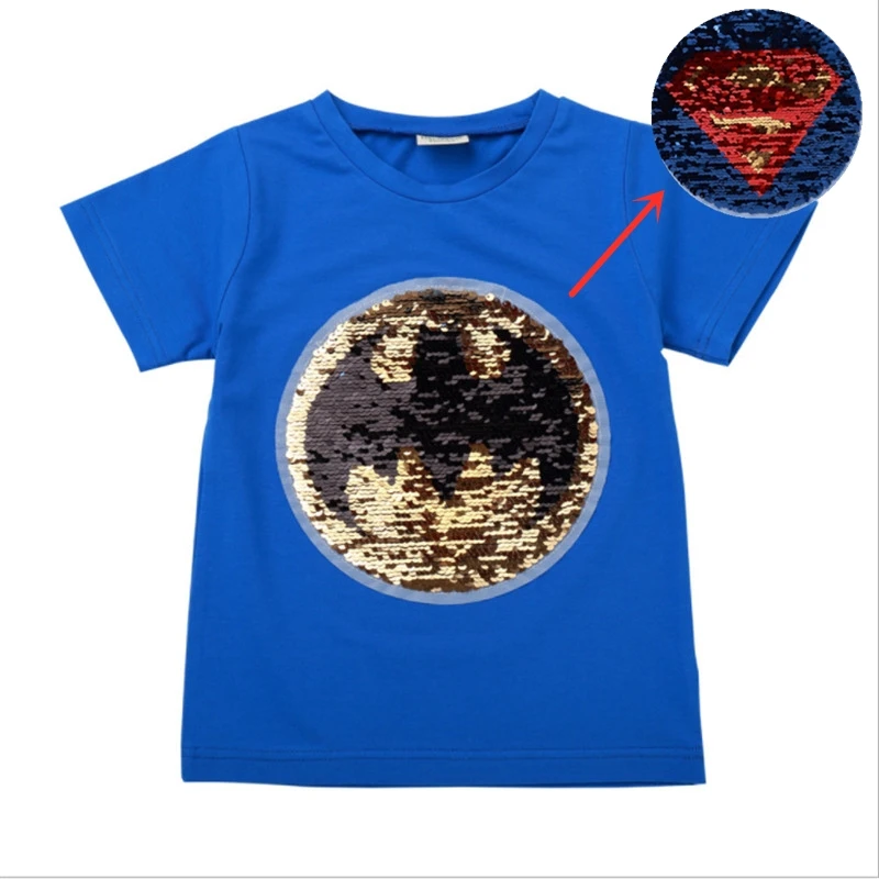 

cool change color magic discoloration batman change superman boy T-shirts sequin paillettes t shirt tops boys tee for gifts 2-8Y