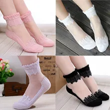 1Pair Women Elegant Silk Lace Crochet Cotton Ultrathin Short Socks Hosiery