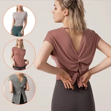 Новинка, сексуальный женский спортивный топ, свободный, быстросохнущий, для фитнеса, с коротким рукавом, Модальная футболка, одноцветная, с открытой спиной, с разрезом, одежда для йоги