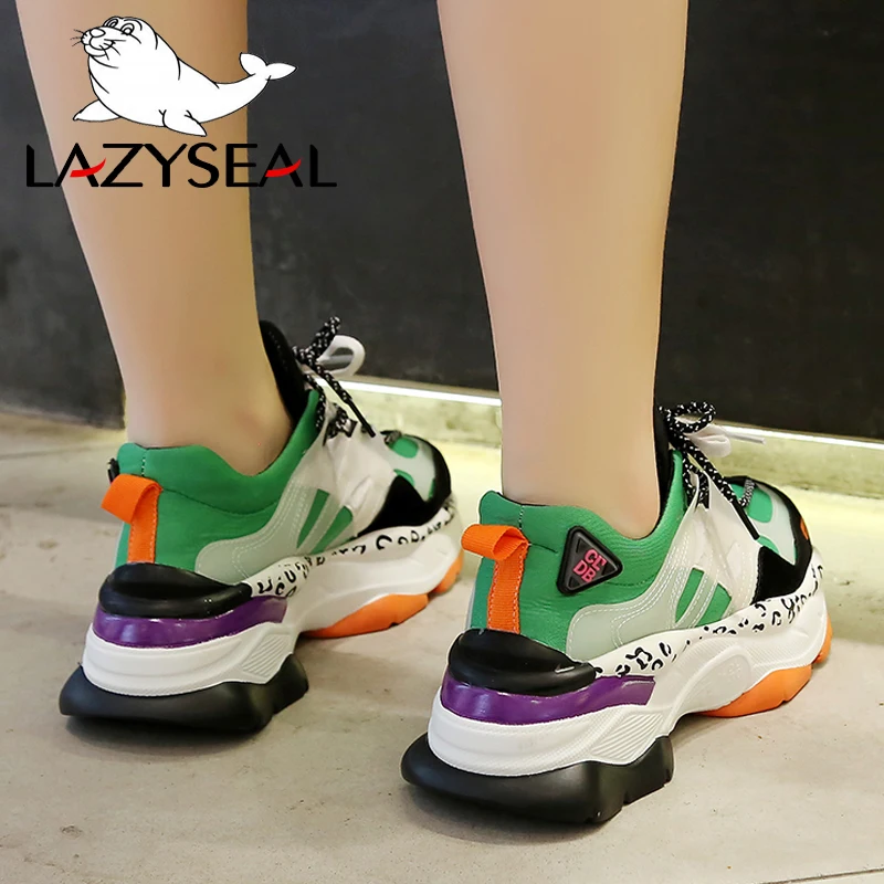 Ceny LazySeal nowa wysokość zwiększenie koronkowe botki buty damskie okrągłe toe sznurowane buty do chodzenia oddychająca platforma buty sportowe z siatką przepuszczającą powietrze