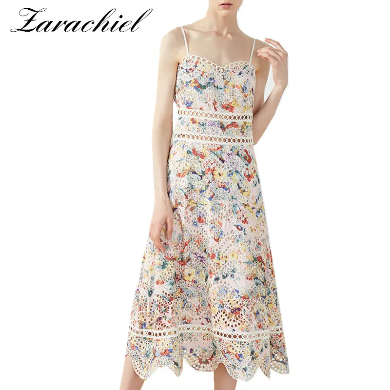 

Runway Designer Multicolor Flower Embroidery Lace Hollow Out Print Dress 2019 Summer Women Sexy Spaghetti Strap Long Party Dress