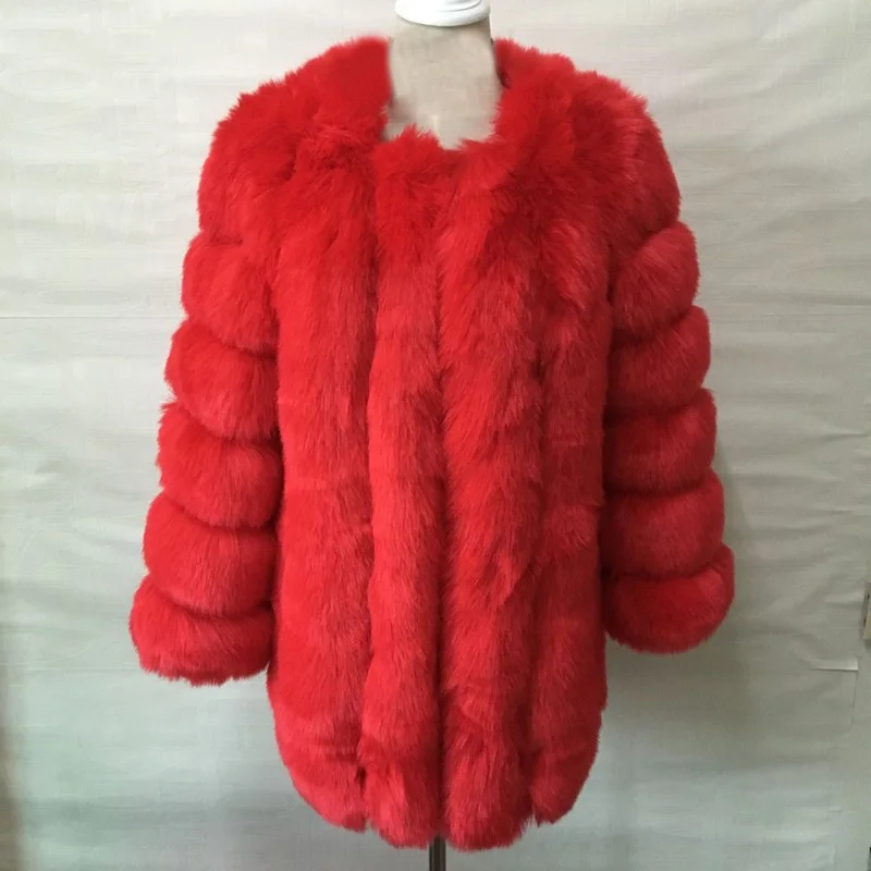 Элегантная женская Толстая теплая шуба из искусственного лисьего меха, Длинная зимняя меховая куртка, верхняя одежда, Искусственный Розовый Лисий мех, пальто для женщин LJLS015 - Цвет: red