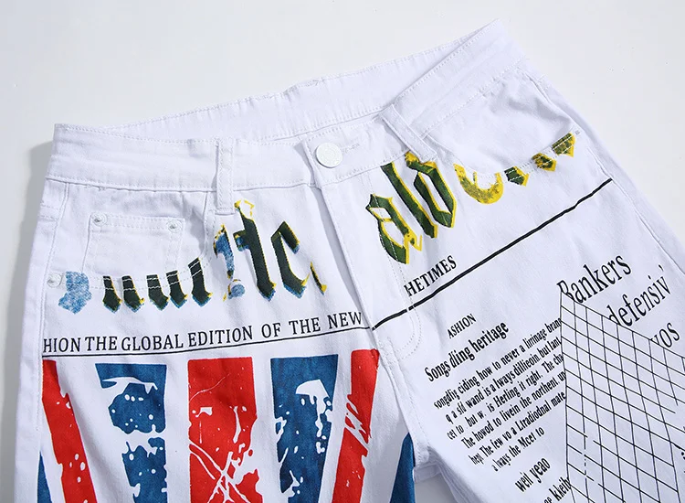 Aolamegs Men Jeans Pants Print British Flag Paris Eel Tower White Motor Full Length Trousers Summer Splice Light Denim Fashion   (21)