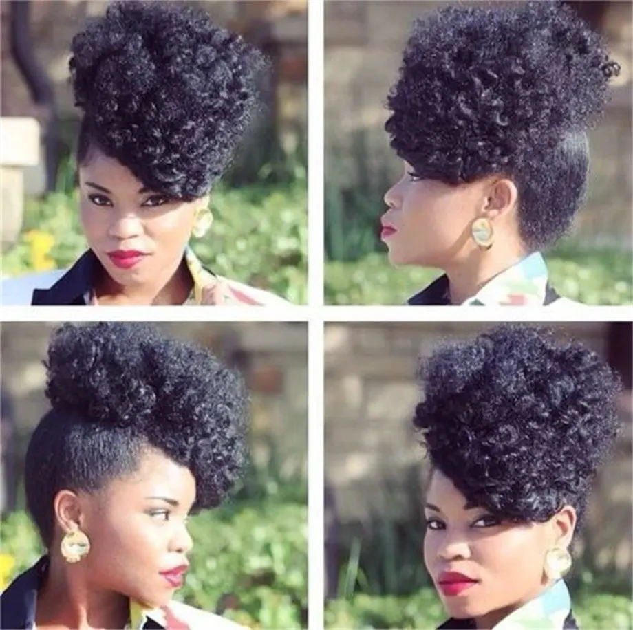 Cute Short Side Puffs Clip In Black Afro Kinky Curly Human Hair