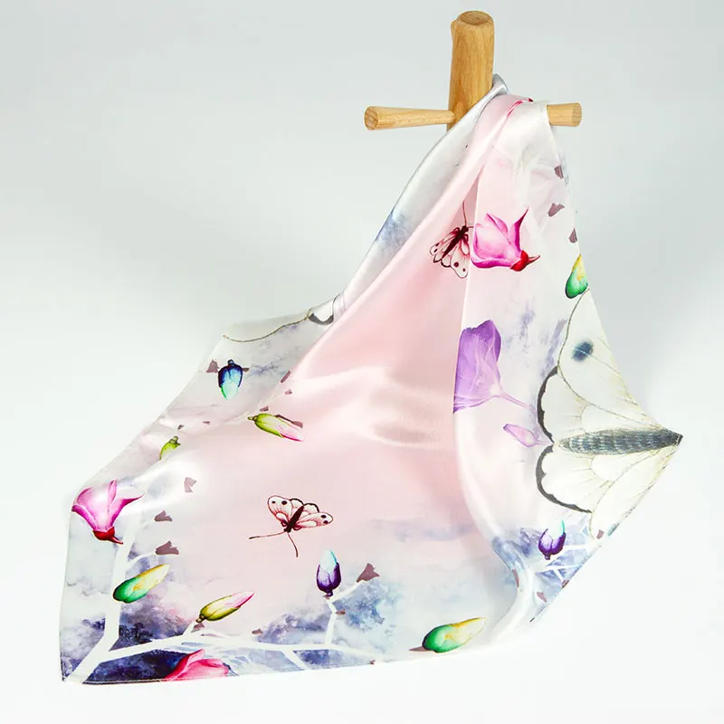 

100% Silk Scarf Women Scarf Neckerchief Butterfly Flower Scarf Silk Bandana 2019 New Small Square Silk Scarf Nice Gift for Lady
