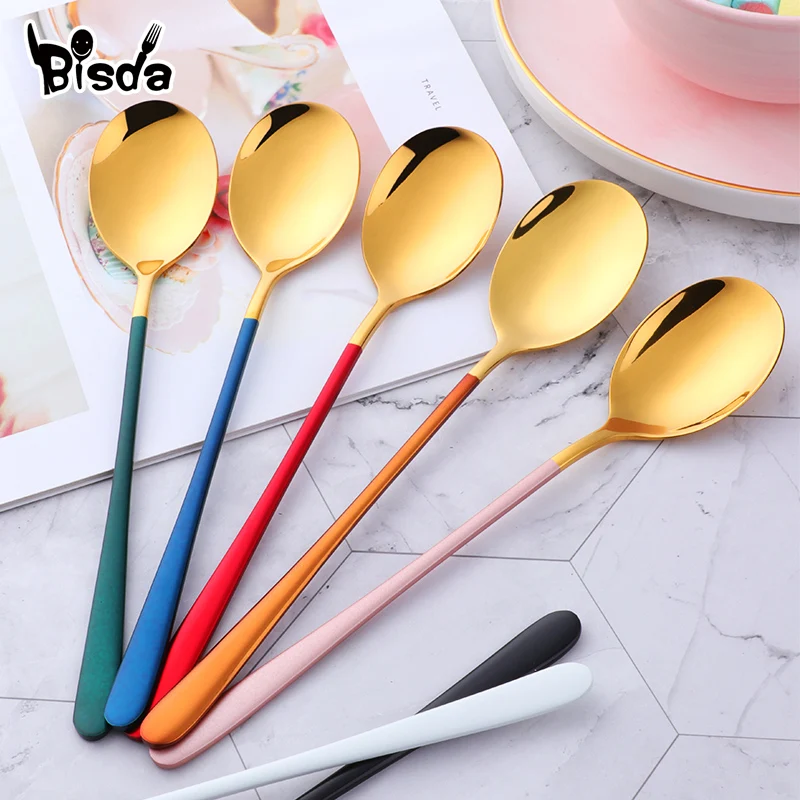 

7Pcs Korea Spoon Stainless Steel Flatware For Rice Salad Round Colorful Dessert Spoons Silverware Soup Scoop Tableware Tools