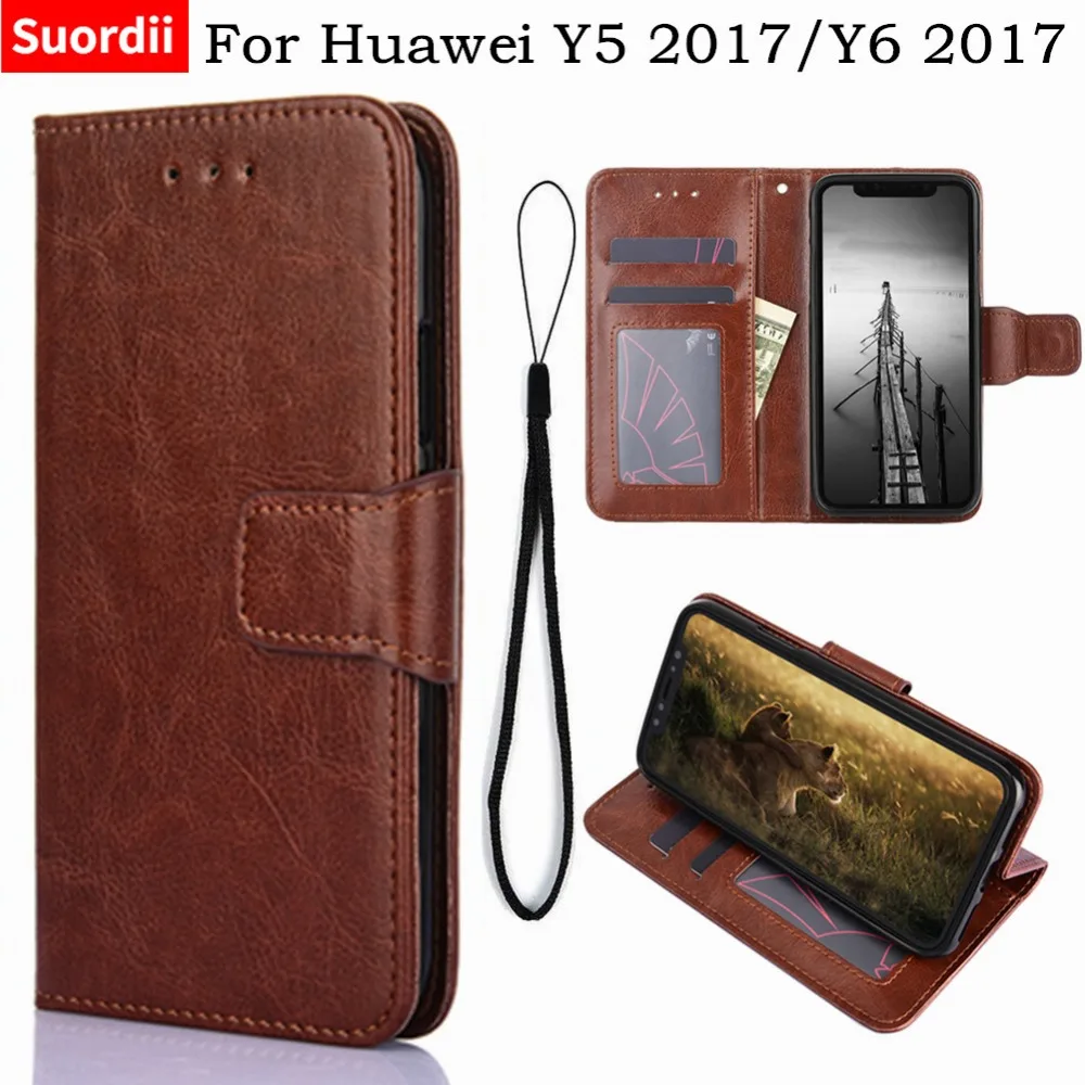 For Huawei Y5 2017 Case Leather Cover Photo Frame Flip Crazy horse Wallet Cases Y6 With hand rope fundas | Мобильные телефоны и
