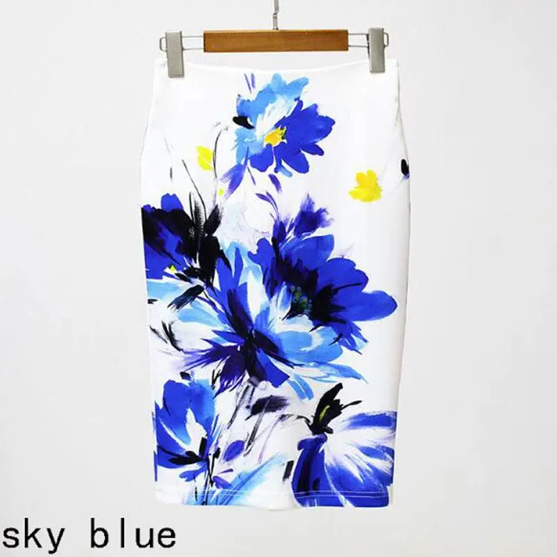 sky blue Летняя стильная юбка-карандаш женская с высокой талией зеленая красная Цветочная юбка винтажная элегантная облегающая Цветочная юбка миди с принтом BN3102 - Цвет: sky blue