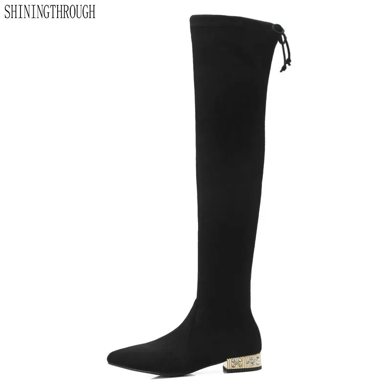 

2018 Superstar Genuine Leather ladies boots pointed Toe Thigh High Boots crystal Streetwear Sweet Over-the-knee Boots