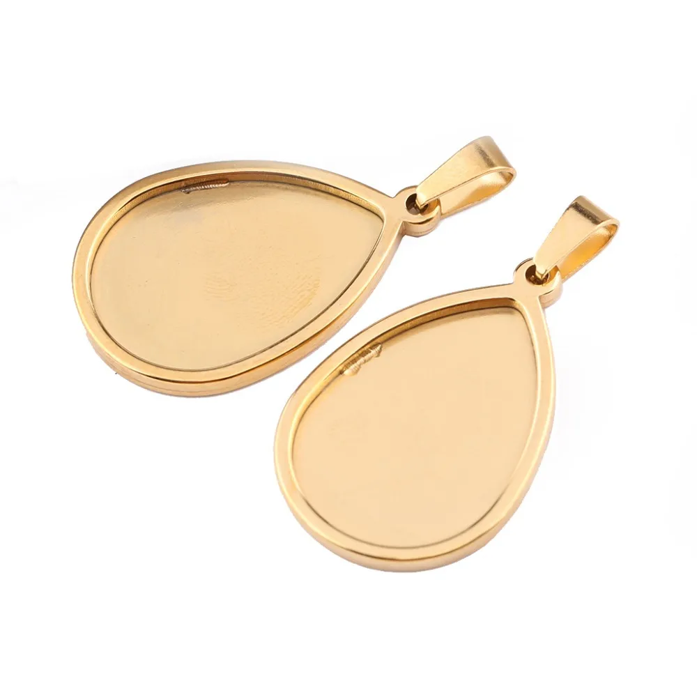 

onwear 10pcs gold plated teardrop cabochon base settings 18x25mm dia stainless steel pendant tray diy jewelry bezel blanks