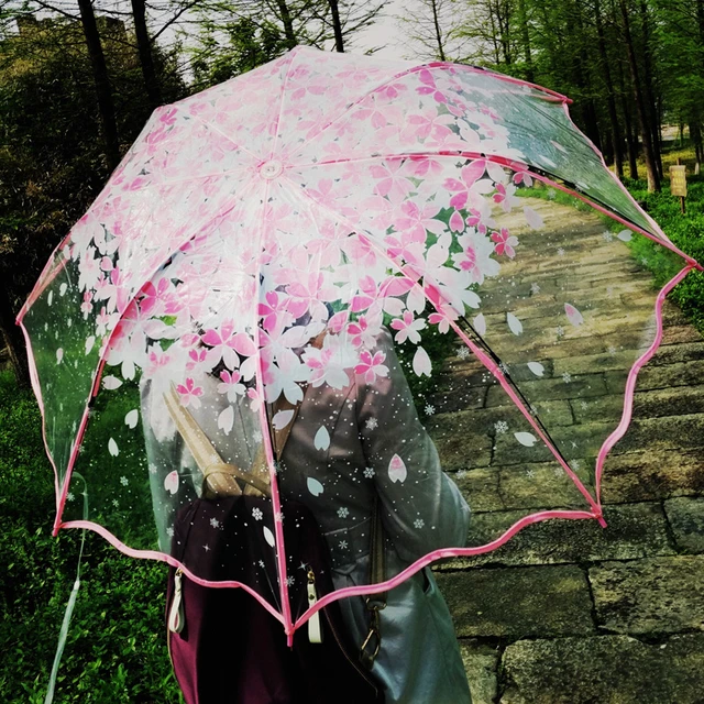 Ombrello da pioggia trasparente a tre pieghe ispessimento fiore di ciliegio  giapponese plastica PVC trasparente ombrelli Falbala donna parapluie -  AliExpress
