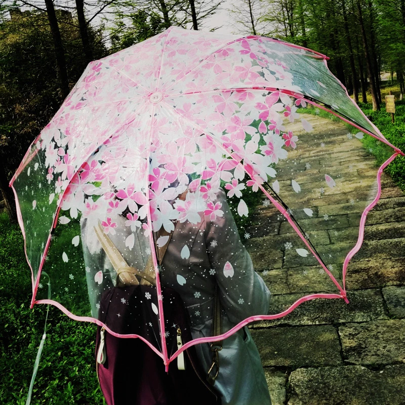 Thickening Transparent Three Fold Rain Umbrella Japanese Cherry Blossom