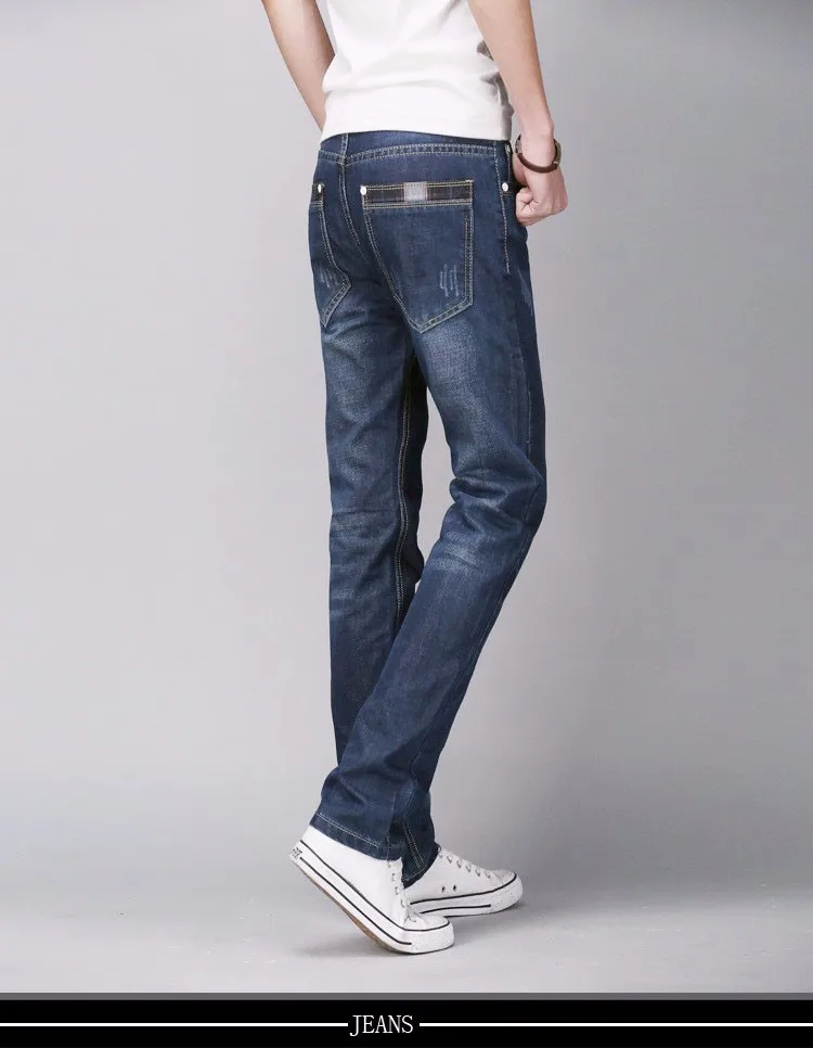2018 мужские джинсы деловые повседневные тонкие летние прямые узкие синие джинсы стрейч джинсовые брюки классические ковбойские молодые