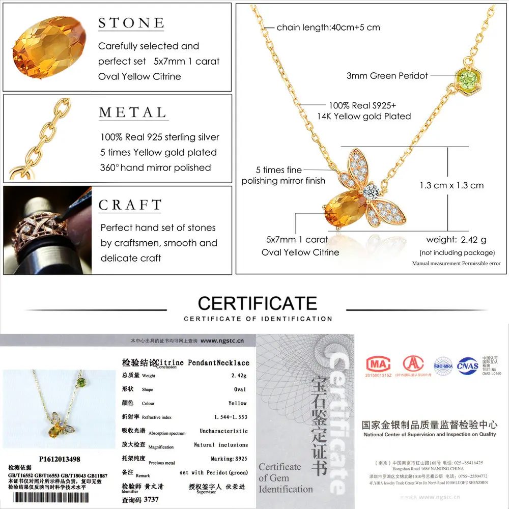 LAMOON Bee 5x7mm 1ct 100% Natural Citrine 925 Sterling Silver Jewelry 14K Yellow Gold Plated Chain Pendant Necklace S925 LMNI015 - Image 6