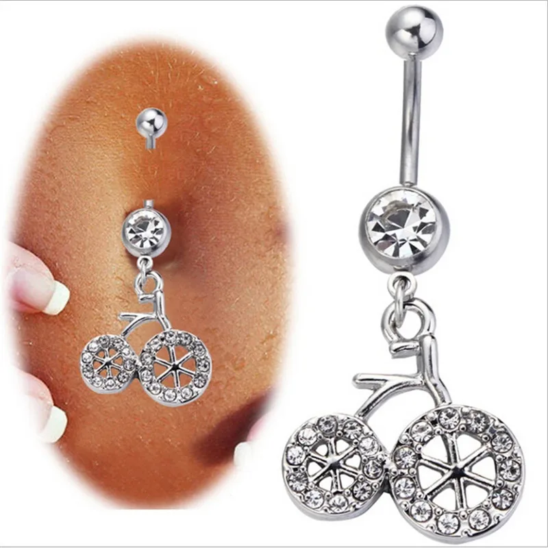 Dangle Belly Button Piercing Surgical Steel Creative Cute Bicycle Dangle navel rings Crystal Navel