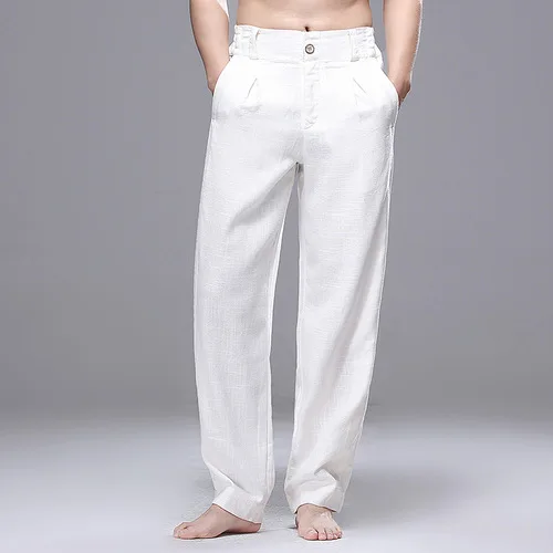 SHANBAO, бренд, мужские льняные повседневные штаны, весна и лето, стиль, прямые свободные штаны, белые, серые, черные - Цвет: Белый