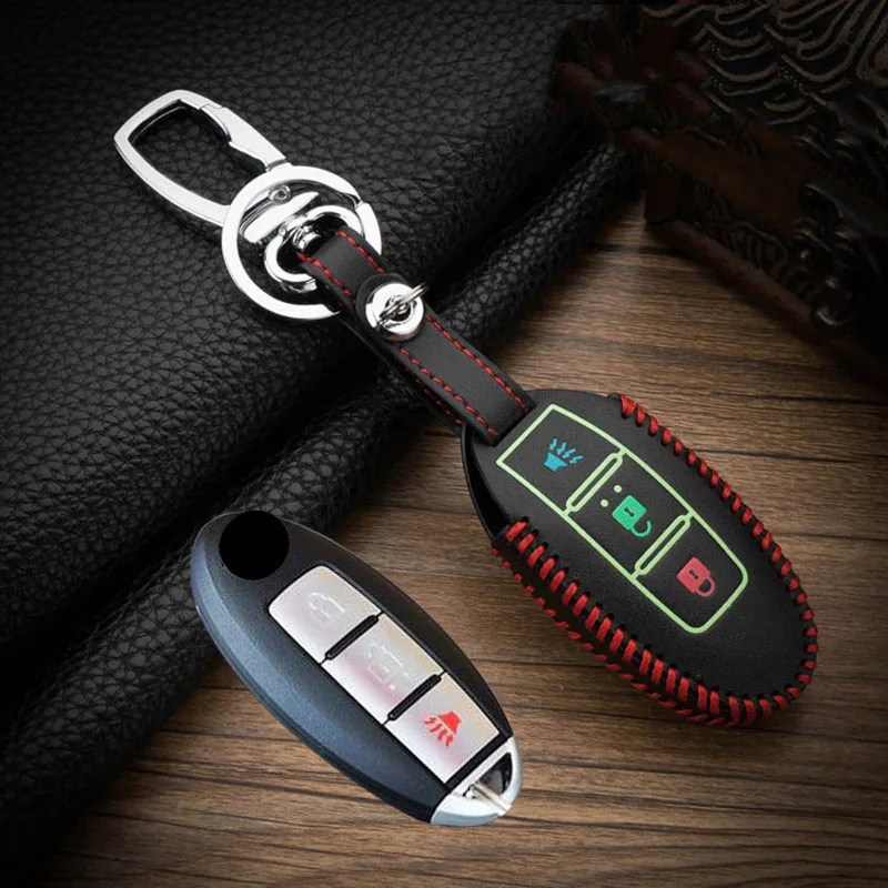 Hand sewing Luminous Top Layer Leather Car Key Case Cover For Nissan Tidda Livida X-Trail T31 T32 Qashqai March Juke Pathfinder key case key case cover