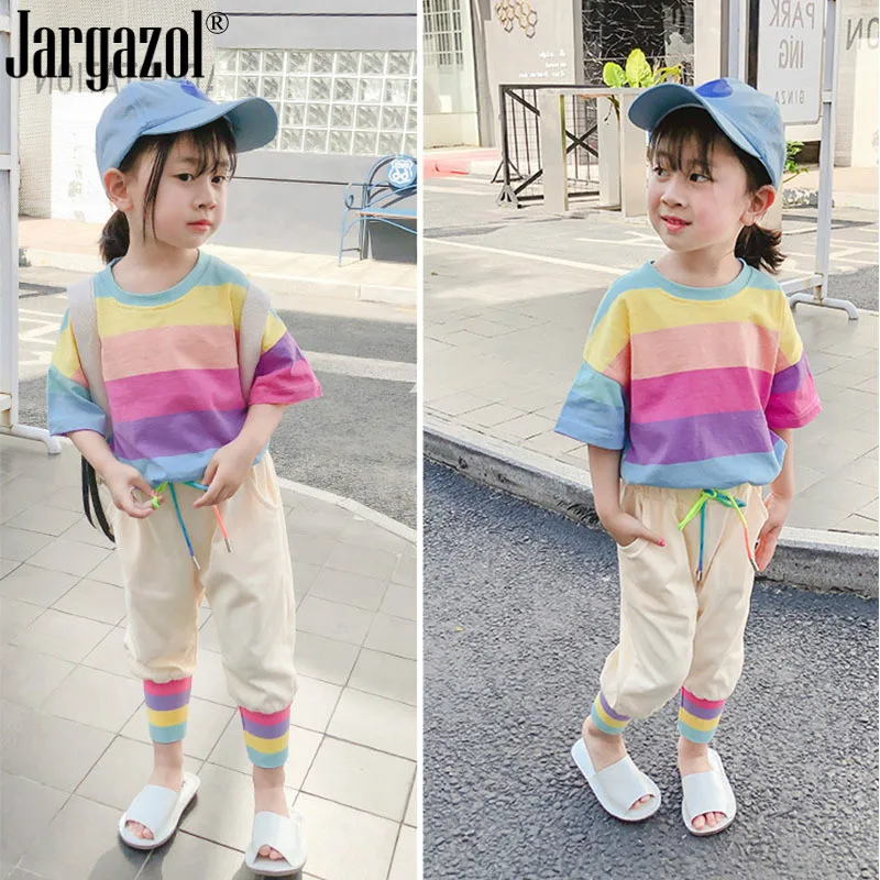 

Children's Summer Clothes Set Rainbow Tee Shirt and Sport Pants Little Girl Tracksuit Kids Fashion Outfits Clothing