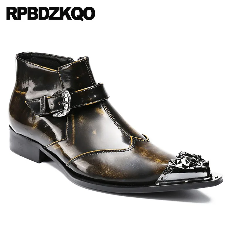 Pleine Chaussures Bottes Plus Métalliques Zipper Tan Pointu Fleur La Cuir Bout Taille Mariage Formelle Hommes Chunky Robe Concepteur De Chaussons Véritable En fb76yg