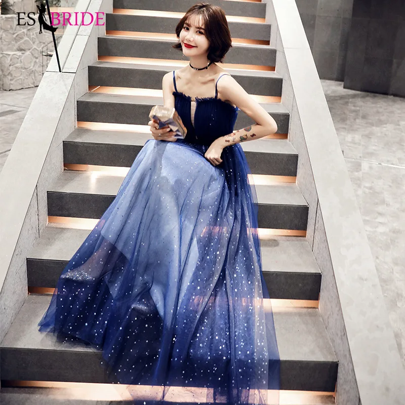 

Royal Blue Evening Dresses Strapless Formal Dresses Evening Gown Vestido De Noche Con Cristal Sleeveless Evening Dress ES2449