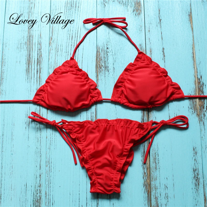 Lovey Village 2017 Brazilian Bikini Red Swimwear Swimsuit Women Leaf Set New Bathing Suit Female |