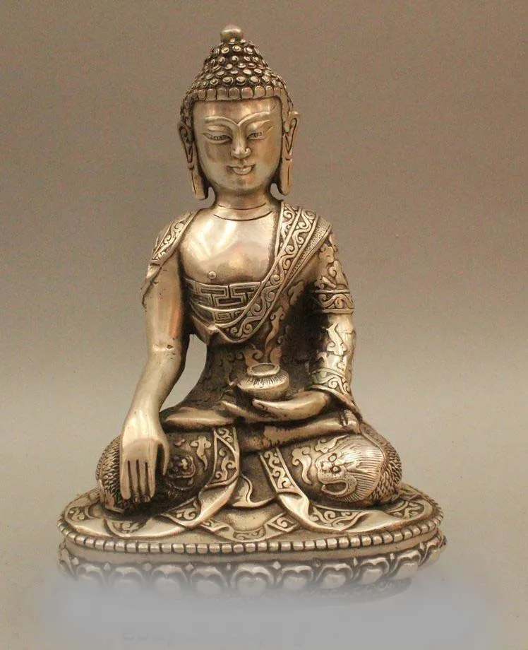

9" Tibet Buddhism Silver Dragon Sakyamuni Shakyamuni Amitabha Buddha Statue
