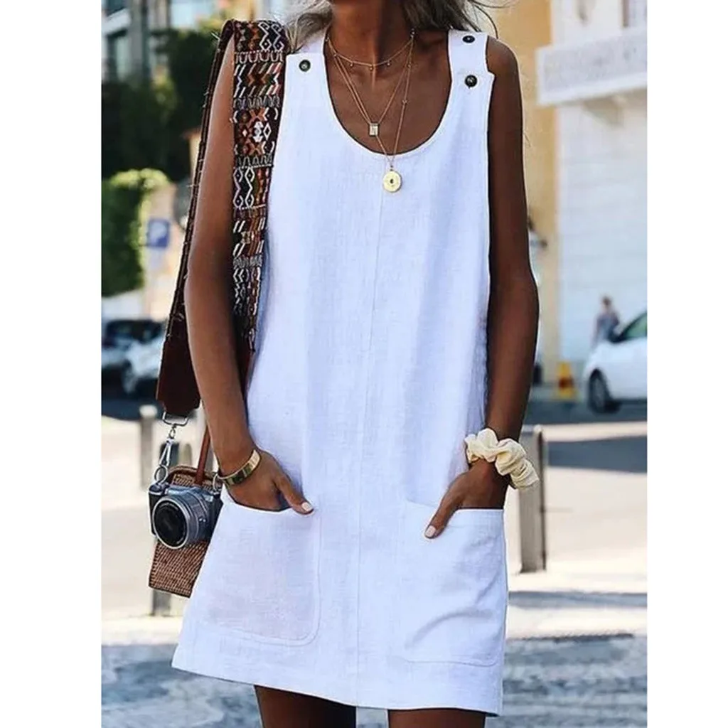 

feitong Crew Neck Women S-3XL O-neck Mini Dresses Summer Solid sleeveless Pockets Dress Casual Beach Straight Dress Sundress #4