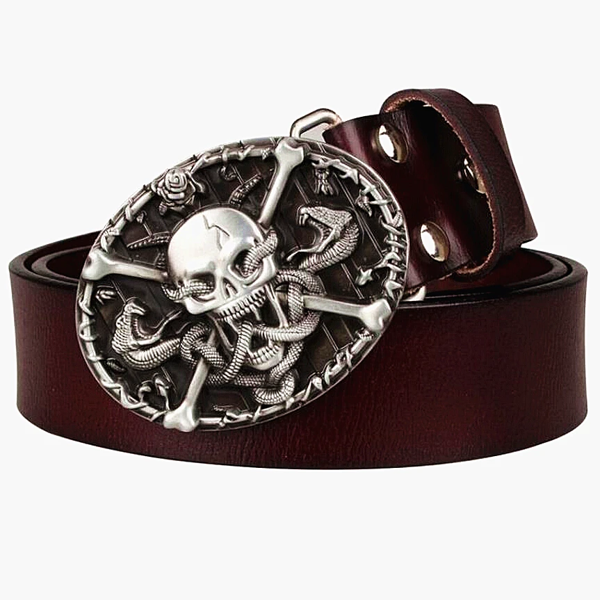 Cool men's Genuine Leather belt metal buckle flame Skull belt bad bone belt snake demon cross punk rock style show girdle women