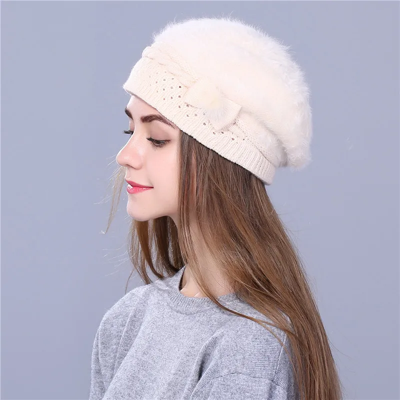 Женский вязаный берет из кроличьего меха однотонный|beret hats for women|beret hatberet winter hat |