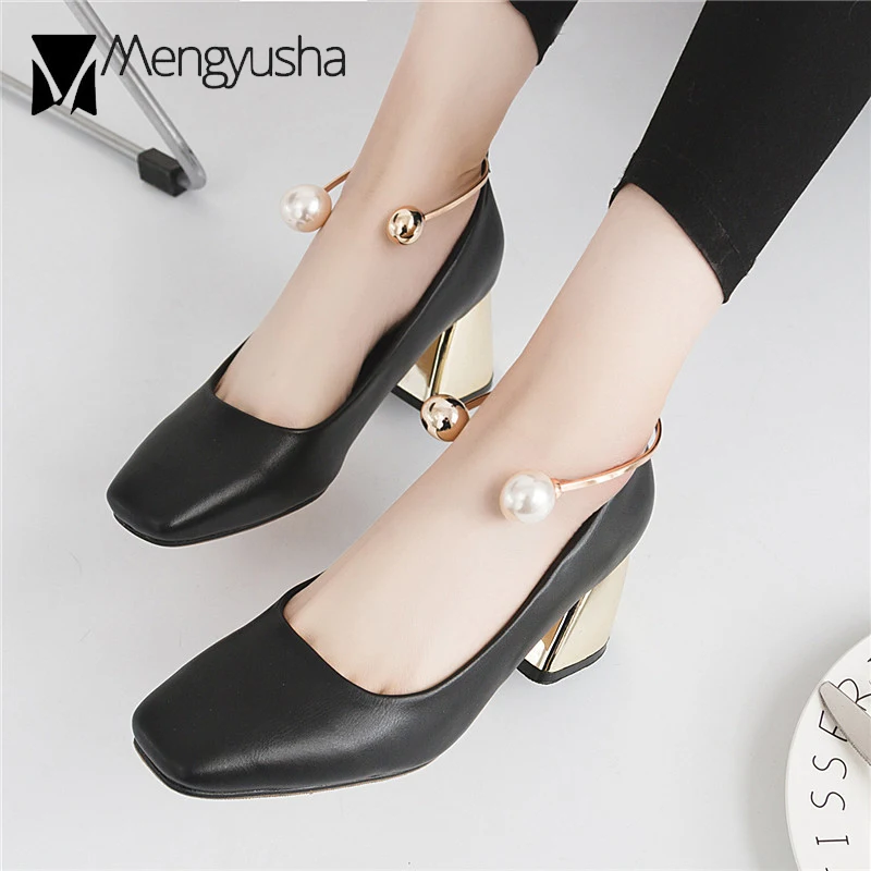 European Brand Metal Circle Pearl Thick High Heels Women Leather Shoes