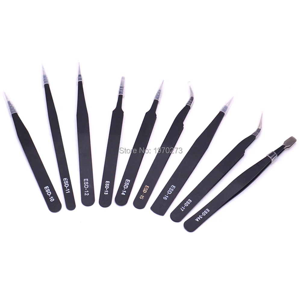 

9PCS/PACK ESD Tweezers Set Stainless Steel Anti-static Precision Tweezers for Electronic Mobile Phone Repair FPV RC Tools Kit