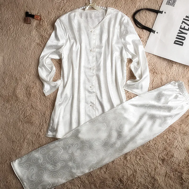 

High Quality White Women's Satin Silk Pajamas Spring Summer Two-Piece Pyjama Sets Female V-Neck Satin Silk Sleepwear