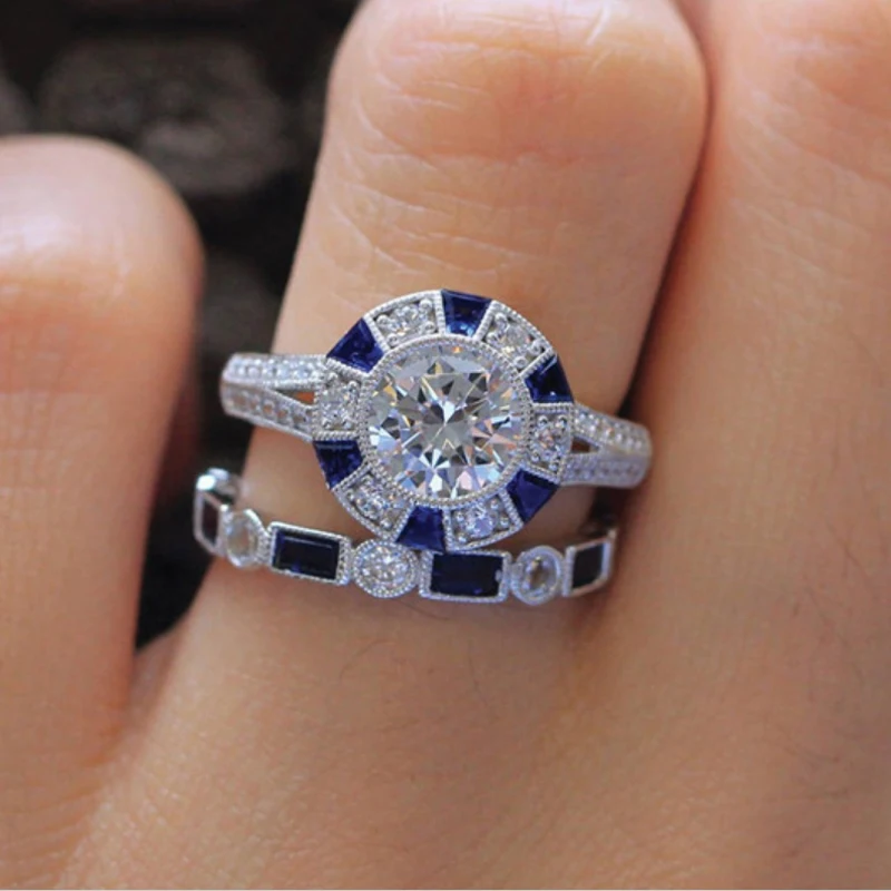 

YANHUI Handmade Promise Rings Set Blue Zircon CZ 925 Sterling Silver Anniversary Wedding Band Rings for Women Gift Jewelry ZR670
