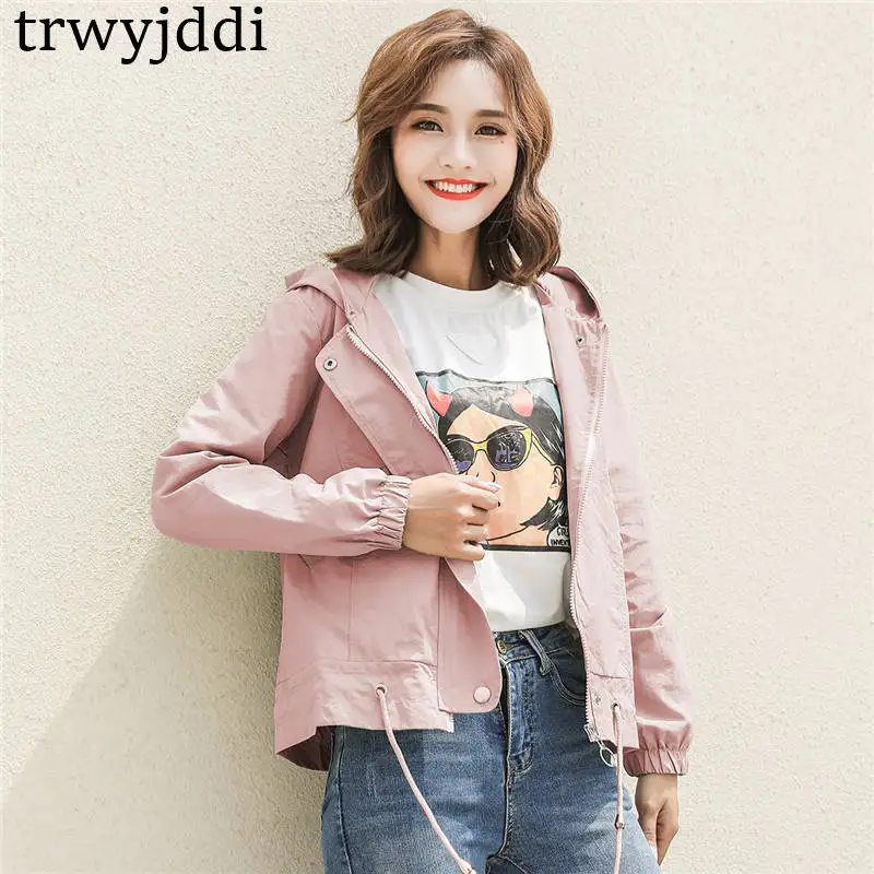 

2019 New Spring Autumn Women's Windbreaker Jacket Long-sleeved Korean Slim Hooded Plus Cotton Short Coat Outerwear N384