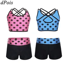 Детский купальник из двух предметов, топ для фитнеса и бега, танкини в горошек, бикини, топы, шорты, пляжная одежда для девочек 6 до 14 лет