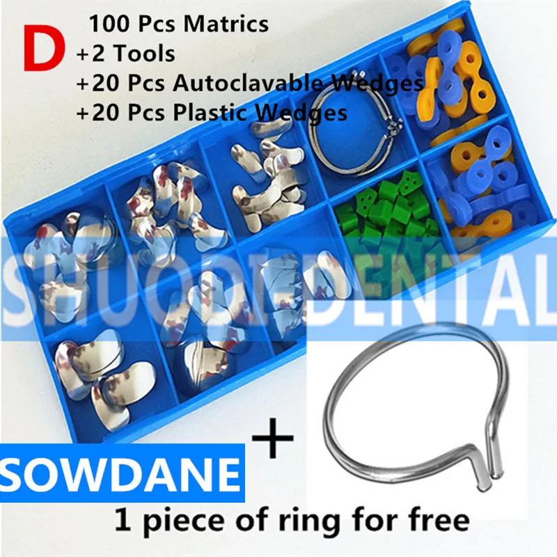 

100Pcs/Set with 20 pcs Plastic Wedge & 20 pcs Autoclavable Wedge Sectional Contoured Matrices Matrix Ring Delta Wedges
