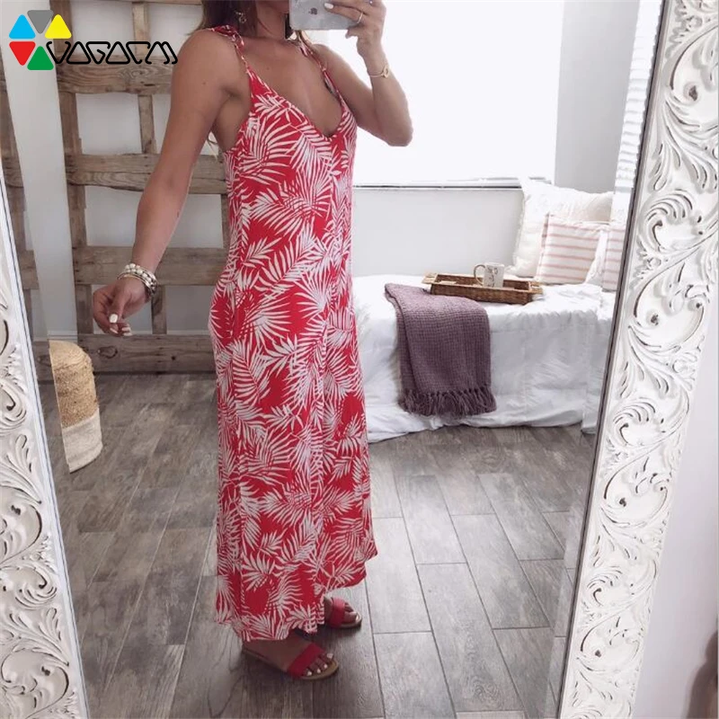 Women Sexy V Neck Summer Sling Leaf Print Backless Loose Boho Jumpsuit Plus Size S-2XL Lacing Beach Party Wide Leg Long Pants