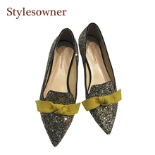 Stylesowner с брюликами расшитый блёстками тканевая женская обувь на плоской подошве с острым носком и бантом г. модная модельная обувь без застежки женская обувь без застежки
