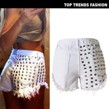 Женские джинсы с высокой талией с пронзенными заклепками модные шорты джинсы черный, белый, светло-синий 3 цвета