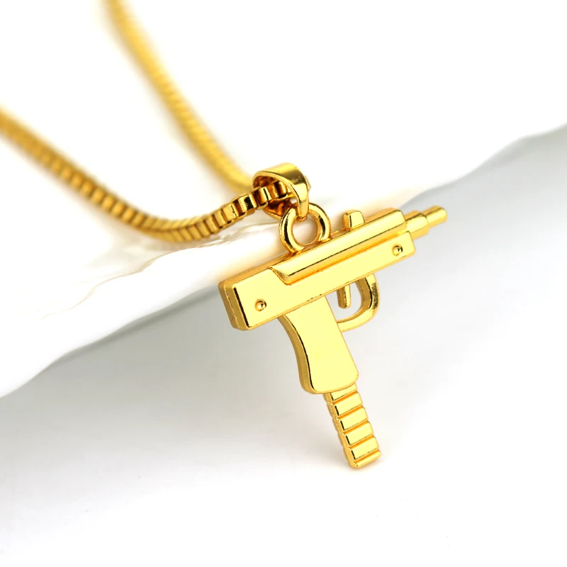 2016 HIPHOP Hot Sale 18K Gold Plated Hip Hop Long Necklace Men Women Fashion SUPREME Pistol Pendant Maxi Necklace Jewelry